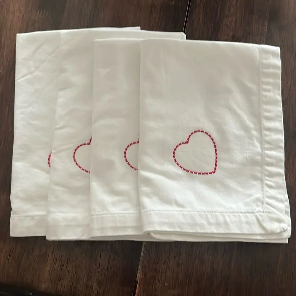 White Upcycled Square Napkins with Border Custom Home Heart Embroidery Set of 4
